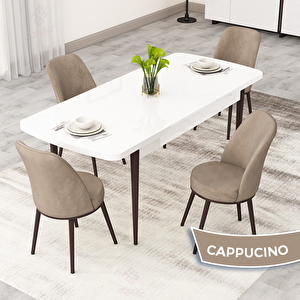 Rax Serisi 80x132 Açılabilir Beyaz Masa Ceviz Ayak Mutfak Masası Takımı Ve 4 Cappucino Sandalye Cappucino