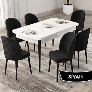 Roe Serisi 80x132 Açılabilir Beyaz Masa Ceviz Ayak Mutfak Masası Takımı Ve 6 Siyah Sandalye Siyah