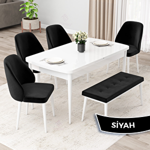 Orf Serisi 80x132 Açılabilir Beyaz Mutfak Masası Takımı Ve 4 Siyah Sandalye Ve 1 Bench Siyah