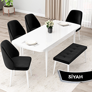 Orf Serisi 80x132 Açılabilir Beyaz Mutfak Masası Takımı Ve 4 Siyah Sandalye Ve 1 Bench Siyah