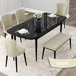 Due Serisi 80x132 Açılabilir Siyah Mermer Desen Mutfak Masası Takımı Ve 4 Krem Sandalye Ve 1 Bench Krem