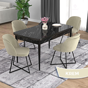 Oga Serisi 80x132 Açılabilir Siyah Mermer Desen Mutfak Masası Takımı Ve 4 Krem Sandalye Krem