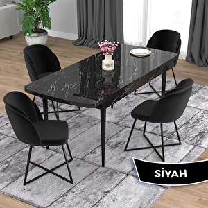 Oga Serisi 80x132 Açılabilir Siyah Mermer Desen Mutfak Masası Takımı Ve 4 Siyah Sandalye Siyah