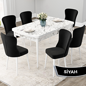 Due Serisi 80x132 Açılabilir Beyaz Mermer Desen Mutfak Masası Takımı Ve 6 Siyah Sandalye