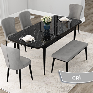 Due Serisi 80x132 Açılabilir Siyah Mermer Desen Mutfak Masası Takımı Ve 4 Gri Sandalye Ve 1 Bench Gri