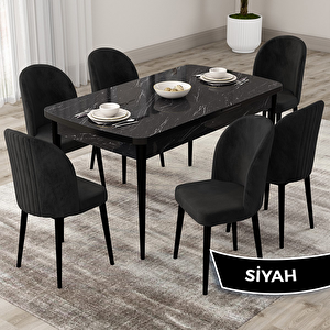 Roe Serisi 80x132 Açılabilir Siyah Mermer Desen Mutfak Masası Takımı Ve 6 Siyah Sandalye Siyah