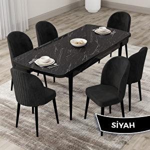 Roe Serisi 80x132 Açılabilir Siyah Mermer Desen Mutfak Masası Takımı Ve 6 Siyah Sandalye Siyah