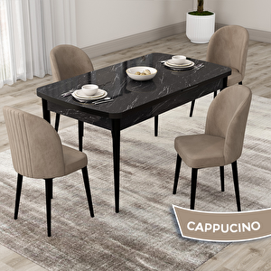 Roe Serisi 80x132 Açılabilir Siyah Mermer Desen Mutfak Masası Takımı Ve 4 Cappucino Sandalye Cappucino