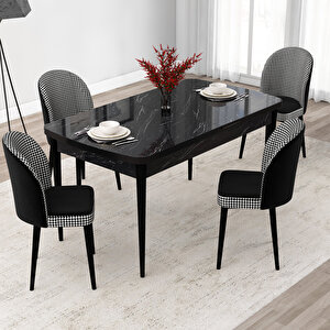 Jul Serisi 80x132 Açılabilir Siyah Mermer Desen Mutfak Masası Takımı Ve 4 Kazayağı Desen Sandalye