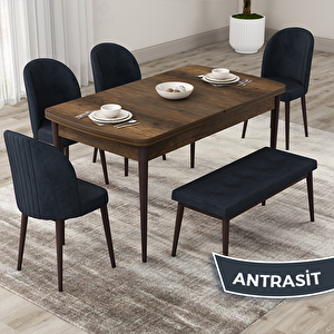 Roe Serisi 80x132 Açılabilir Barok Ahşap Desen Mutfak Masası Takımı Ve 4 Antrasit Sandalye Ve 1 Bench Antrasit