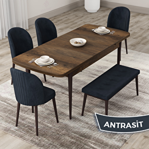Roe Serisi 80x132 Açılabilir Barok Ahşap Desen Mutfak Masası Takımı Ve 4 Antrasit Sandalye Ve 1 Bench Antrasit