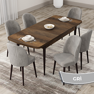 Roe Serisi 80x132 Açılabilir Barok Ahşap Desen Mutfak Masası Takımı Ve 6 Gri Sandalye Gri