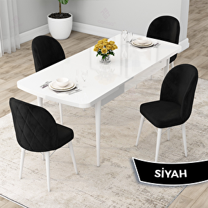 Rut Serisi 80x132 Açılabilir Beyaz Mutfak Masası Takımı Ve 4 Siyah Sandalye Siyah