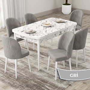 Roe Serisi 80x132 Açılabilir Beyaz Mermer Desen Mutfak Masası Takımı Ve 6 Gri Sandalye Gri