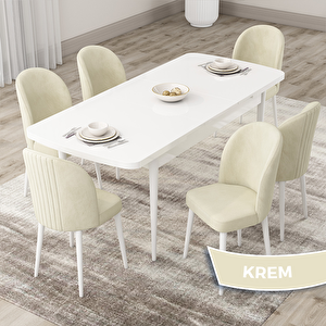 Roe Serisi 80x132 Açılabilir Beyaz Mutfak Masası Takımı Ve 6 Krem Sandalye Krem