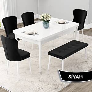 Due Serisi 80x132 Açılabilir Beyaz Mutfak Masası Takımı Ve 4 Siyah Sandalye Ve 1 Bench Siyah
