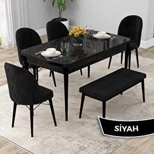 Rut Serisi 80x132 Açılabilir Siyah Mermer Desen Mutfak Masası Takımı Ve 4 Siyah Sandalye Ve 1 Bench Siyah