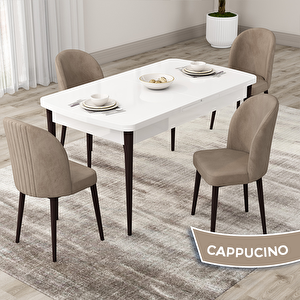 Roe Serisi 80x132 Açılabilir Beyaz Masa Ceviz Ayak Mutfak Masası Takımı Ve 4 Cappucino Sandalye Cappucino