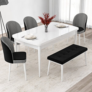 Jul Serisi 80x132 Açılabilir Beyaz Mutfak Masası Takımı Ve 4 Kazayağı Desen Sandalye Ve 1 Bench