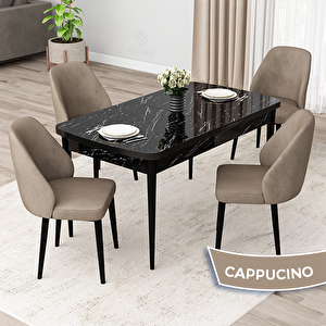 Orf Serisi 80x132 Açılabilir Siyah Mermer Desen Mutfak Masası Takımı Ve 4 Cappucino Sandalye Cappucino