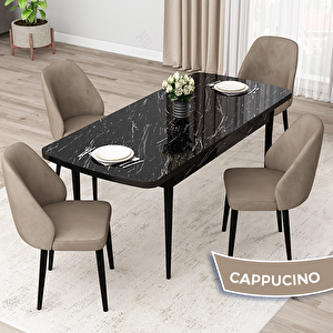 Orf Serisi 80x132 Açılabilir Siyah Mermer Desen Mutfak Masası Takımı Ve 4 Cappucino Sandalye Cappucino