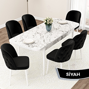 Jae Serisi 80x132 Açılabilir Beyaz Mermer Desen Mutfak Masası Takımı Ve 6 Siyah Sandalye Siyah