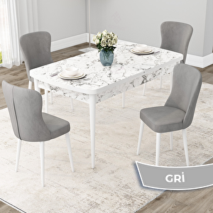 Due Serisi 80x132 Açılabilir Beyaz Mermer Desen Mutfak Masası Takımı Ve 4 Gri Sandalye Gri