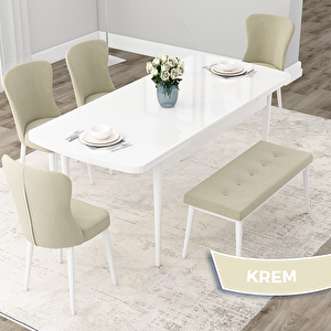 Due Serisi 80x132 Açılabilir Beyaz Mutfak Masası Takımı Ve 4 Krem Sandalye Ve 1 Bench Krem
