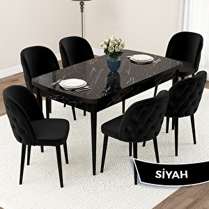 Jae Serisi 80x132 Açılabilir Siyah Mermer Desen Mutfak Masası Takımı Ve 6 Siyah Sandalye Siyah