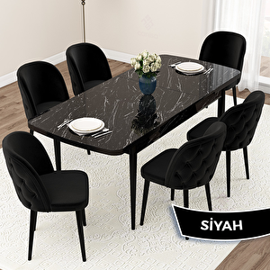 Jae Serisi 80x132 Açılabilir Siyah Mermer Desen Mutfak Masası Takımı Ve 6 Siyah Sandalye Siyah