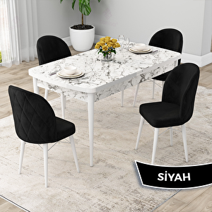 Rut Serisi 80x132 Açılabilir Beyaz Mermer Desen Mutfak Masası Takımı Ve 4 Siyah Sandalye