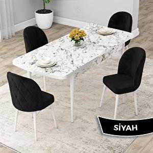 Rut Serisi 80x132 Açılabilir Beyaz Mermer Desen Mutfak Masası Takımı Ve 4 Siyah Sandalye Siyah