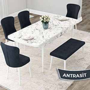 Due Serisi 80x132 Açılabilir Beyaz Mermer Desen Mutfak Masası Takımı Ve 4 Antrasit Sandalye Ve 1 Bench Antrasit