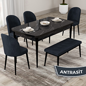Roe Serisi 80x132 Açılabilir Siyah Mermer Desen Mutfak Masası Takımı Ve 4 Antrasit Sandalye Ve 1 Bench Antrasit