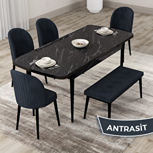 Roe Serisi 80x132 Açılabilir Siyah Mermer Desen Mutfak Masası Takımı Ve 4 Antrasit Sandalye Ve 1 Bench Antrasit