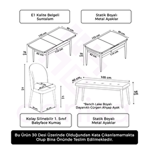 Jul Serisi 80x132 Açılabilir Beyaz Mermer Desen Mutfak Masası Takımı Ve 4 Kazayağı Desen Sandalye Ve 1 Bench