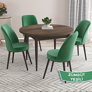 Kea Serisi Yuvarlak Barok Ahşap Desen Mutfak Masası Takımı Ve 4 Zümrüt Yeşili Sandalye Siyah