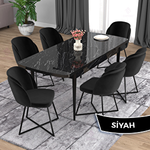 Oga Serisi 80x132 Açılabilir Siyah Mermer Desen Mutfak Masası Takımı Ve 6 Siyah Sandalye Siyah