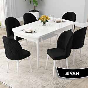 Rut Serisi 80x132 Açılabilir Beyaz Mutfak Masası Takımı Ve 6 Siyah Sandalye Siyah