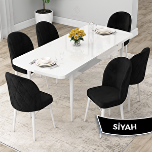 Rut Serisi 80x132 Açılabilir Beyaz Mutfak Masası Takımı Ve 6 Siyah Sandalye Siyah