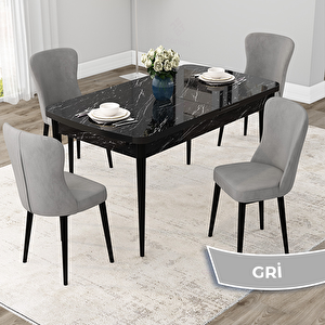 Due Serisi 80x132 Açılabilir Siyah Mermer Desen Mutfak Masası Takımı Ve 4 Gri Sandalye Gri