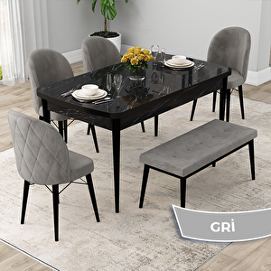 Rut Serisi 80x132 Açılabilir Siyah Mermer Desen Mutfak Masası Takımı Ve 4 Gri Sandalye Ve 1 Bench Gri