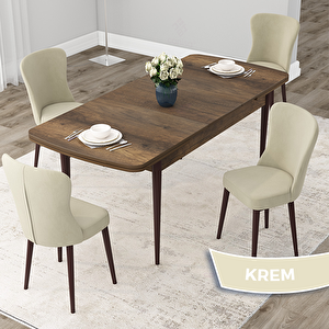 Due Serisi 80x132 Açılabilir Barok Ahşap Desen Mutfak Masası Takımı Ve 4 Krem Sandalye Krem