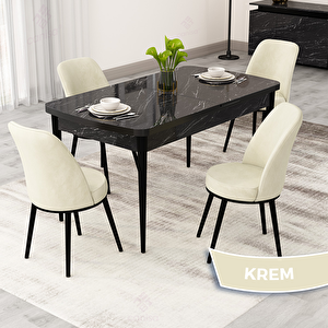 Rax Serisi 80x132 Açılabilir Siyah Mermer Desen Mutfak Masası Takımı Ve 4 Krem Sandalye Krem