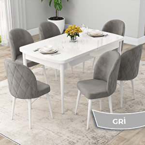 Rut Serisi 80x132 Açılabilir Beyaz Mutfak Masası Takımı Ve 6 Gri Sandalye Gri