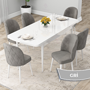 Rut Serisi 80x132 Açılabilir Beyaz Mutfak Masası Takımı Ve 6 Gri Sandalye Gri