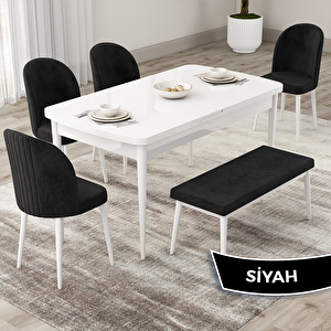 Roe Serisi 80x132 Açılabilir Beyaz Mutfak Masası Takımı Ve 4 Siyah Sandalye Ve 1 Bench Siyah