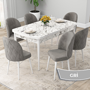 Rut Serisi 80x132 Açılabilir Beyaz Mermer Desen Mutfak Masası Takımı Ve 6 Gri Sandalye Gri