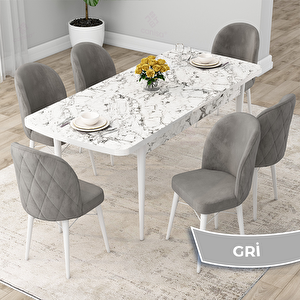 Rut Serisi 80x132 Açılabilir Beyaz Mermer Desen Mutfak Masası Takımı Ve 6 Gri Sandalye Gri