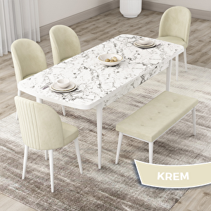 Roe Serisi 80x132 Açılabilir Beyaz Mermer Desen Mutfak Masası Takımı Ve 4 Krem Sandalye Ve 1 Bench Krem